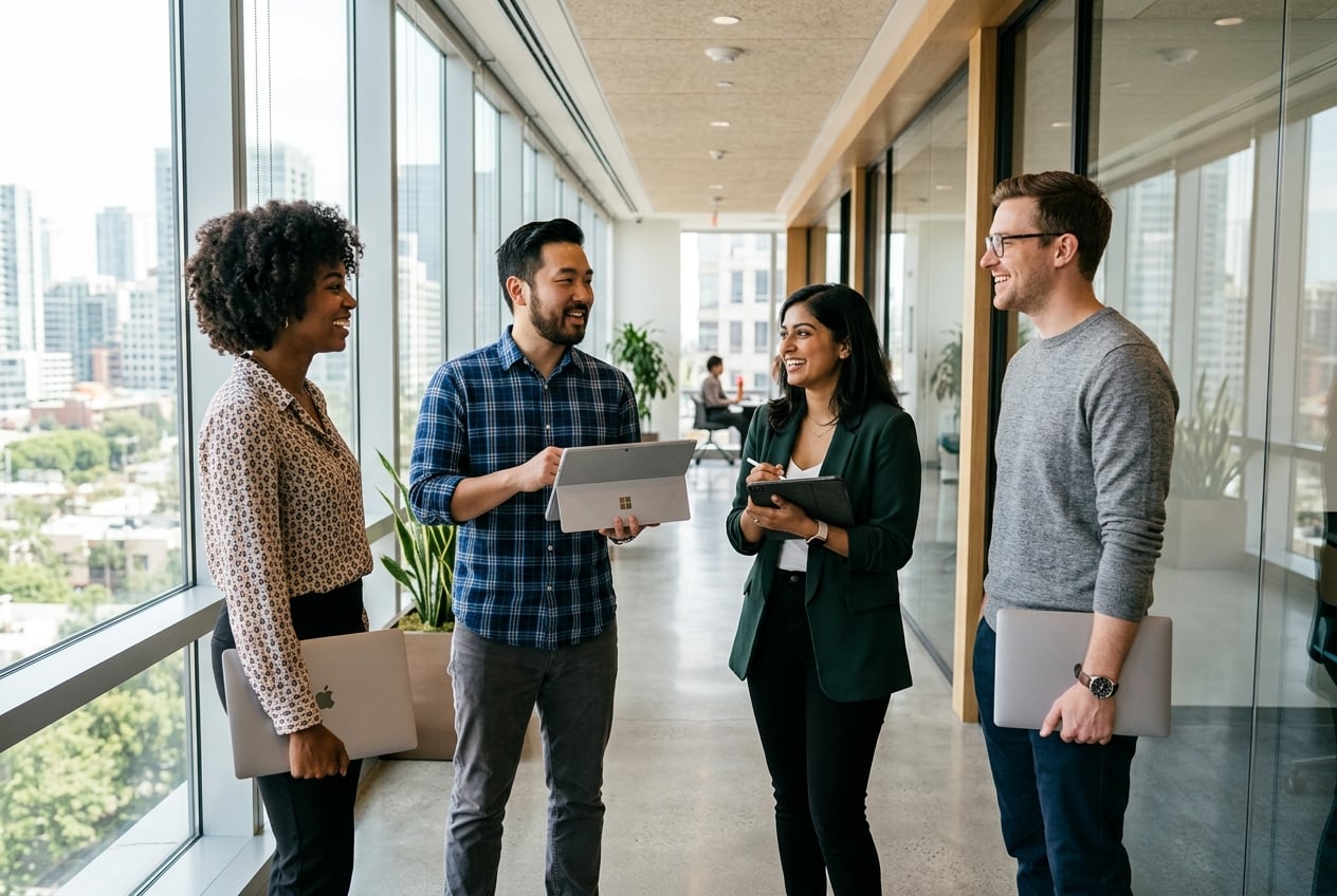 Team of professionals collaborating in a modern office environment