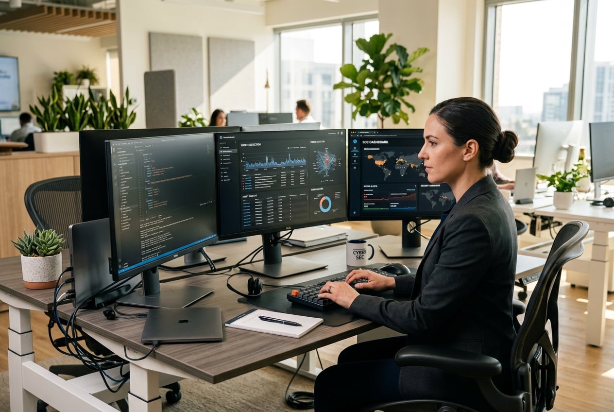 Cybersecurity engineer working at a multi-monitor workstation