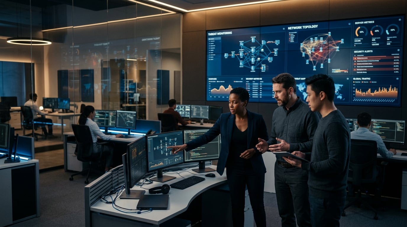 IT professionals collaborating in a modern secure operations center