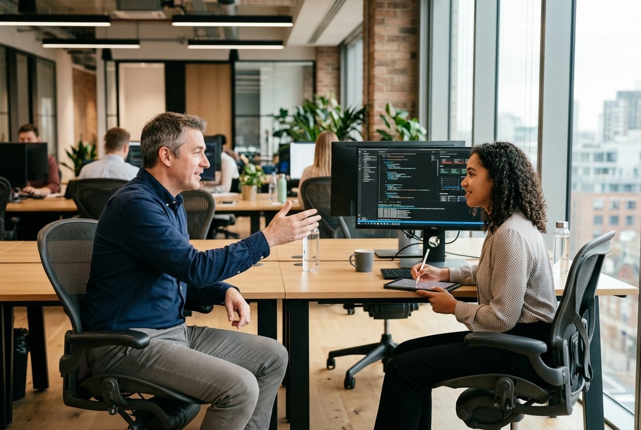 Senior professional mentoring a colleague in a modern workspace
